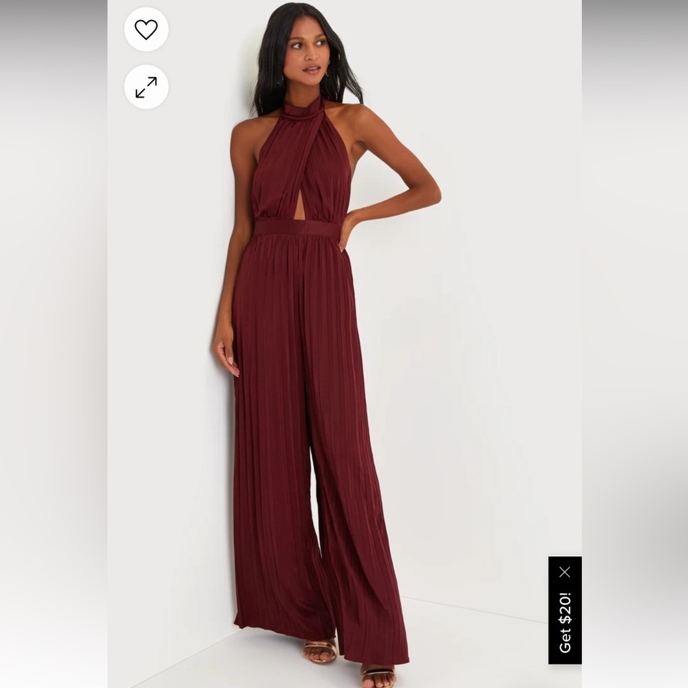 Lulu’s Confident Impression Burgundy Satin Pleated Halter Jumpsuit